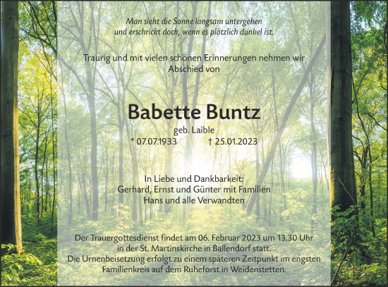 Traueranzeige von Babette Buntz von SÜDWEST PRESSE Ausgabe Ulm/Neu-Ulm