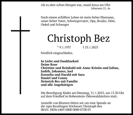 Traueranzeige von Christoph Bez von Alb-Bote/Metzinger-Uracher Volksblatt