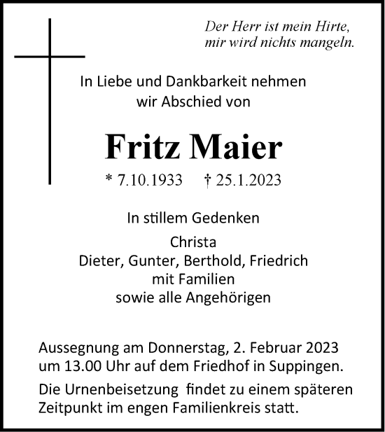 Traueranzeige von Fritz Maier von SÜDWEST PRESSE Ausgabe Ulm/Neu-Ulm