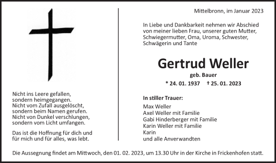 Traueranzeige von Gertrud Weller von Rundschau Gaildorf