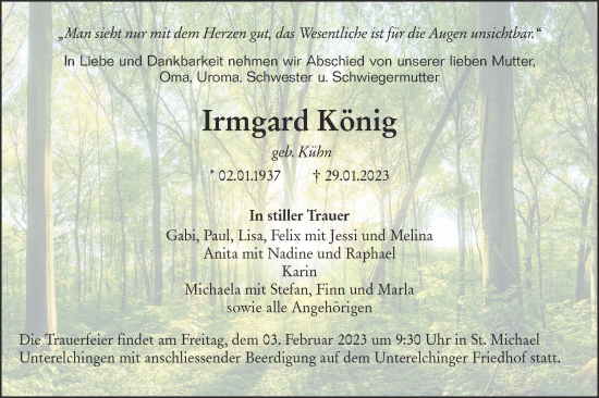 Traueranzeige von Irmgard König von SÜDWEST PRESSE Ausgabe Ulm/Neu-Ulm
