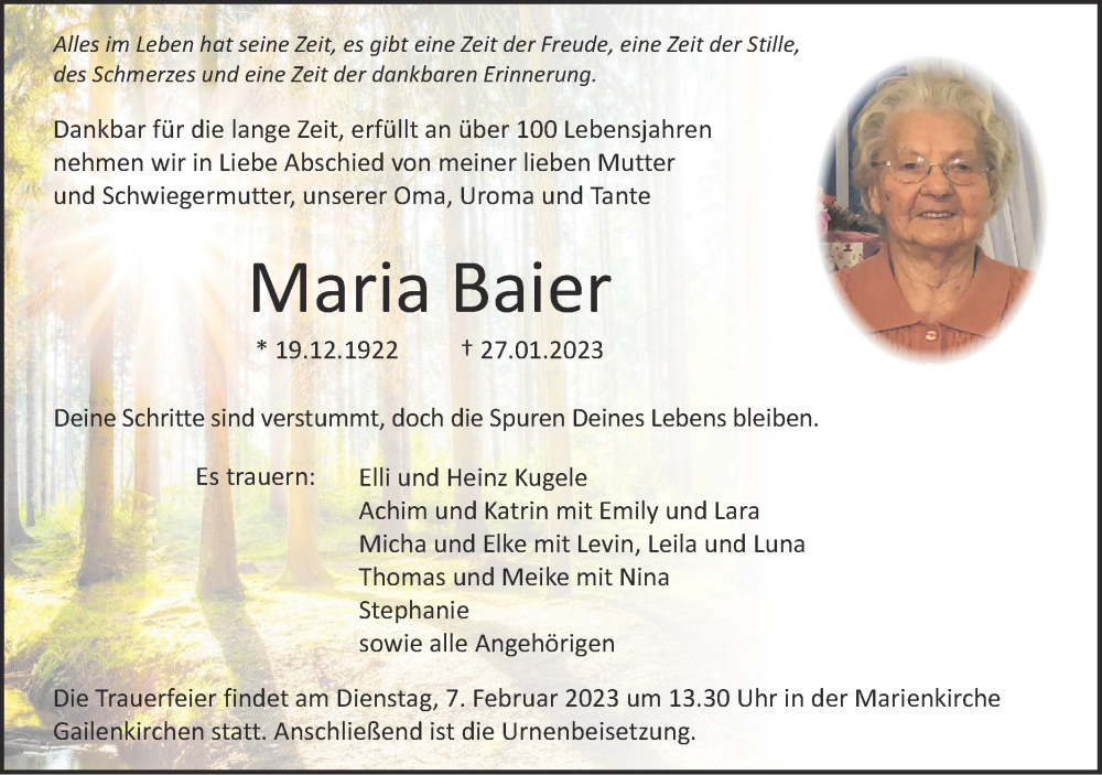 Traueranzeige für Maria Baier vom 01.02.2023 aus Haller Tagblatt