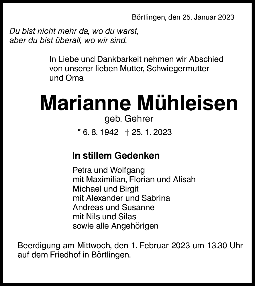  Traueranzeige für Marianne Mühleisen vom 28.01.2023 aus NWZ Neue Württembergische Zeitung