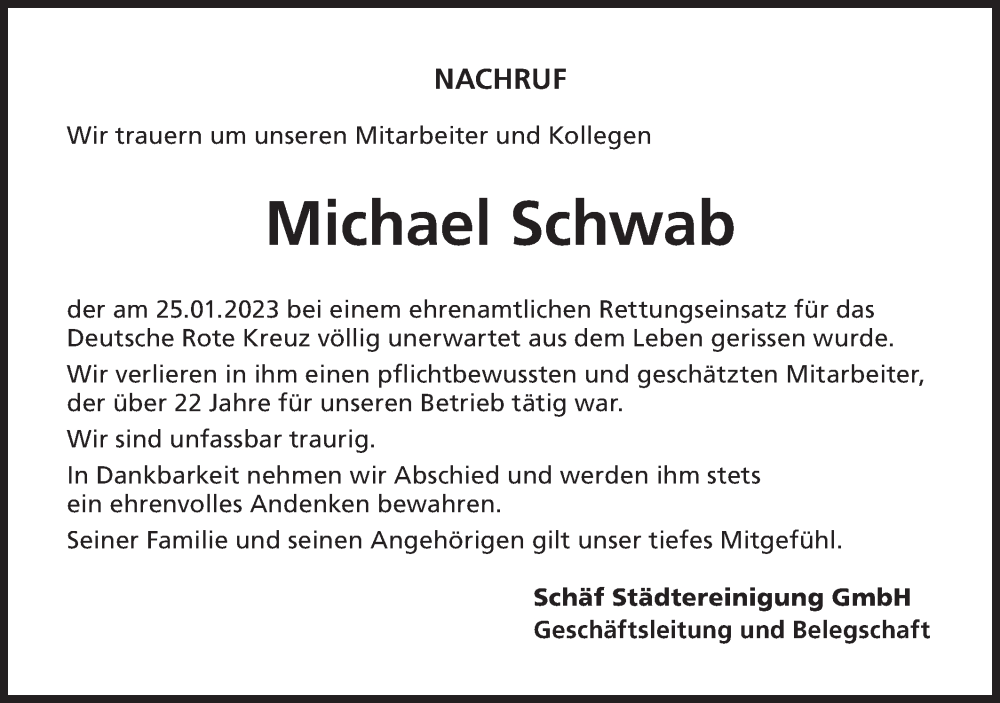  Traueranzeige für Michael Schwab vom 01.02.2023 aus Rundschau Gaildorf
