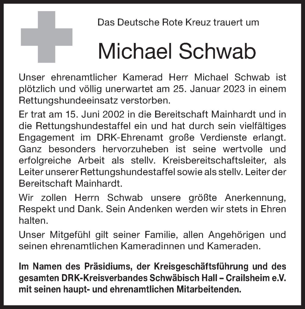  Traueranzeige für Michael Schwab vom 31.01.2023 aus Haller Tagblatt