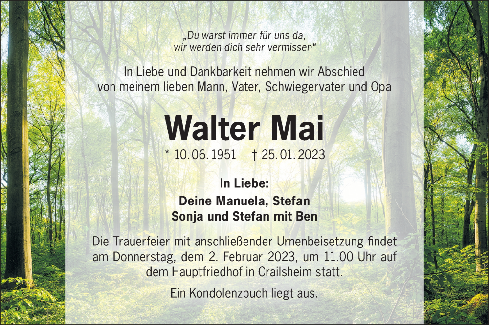  Traueranzeige für Walter Mai vom 28.01.2023 aus Hohenloher Tagblatt