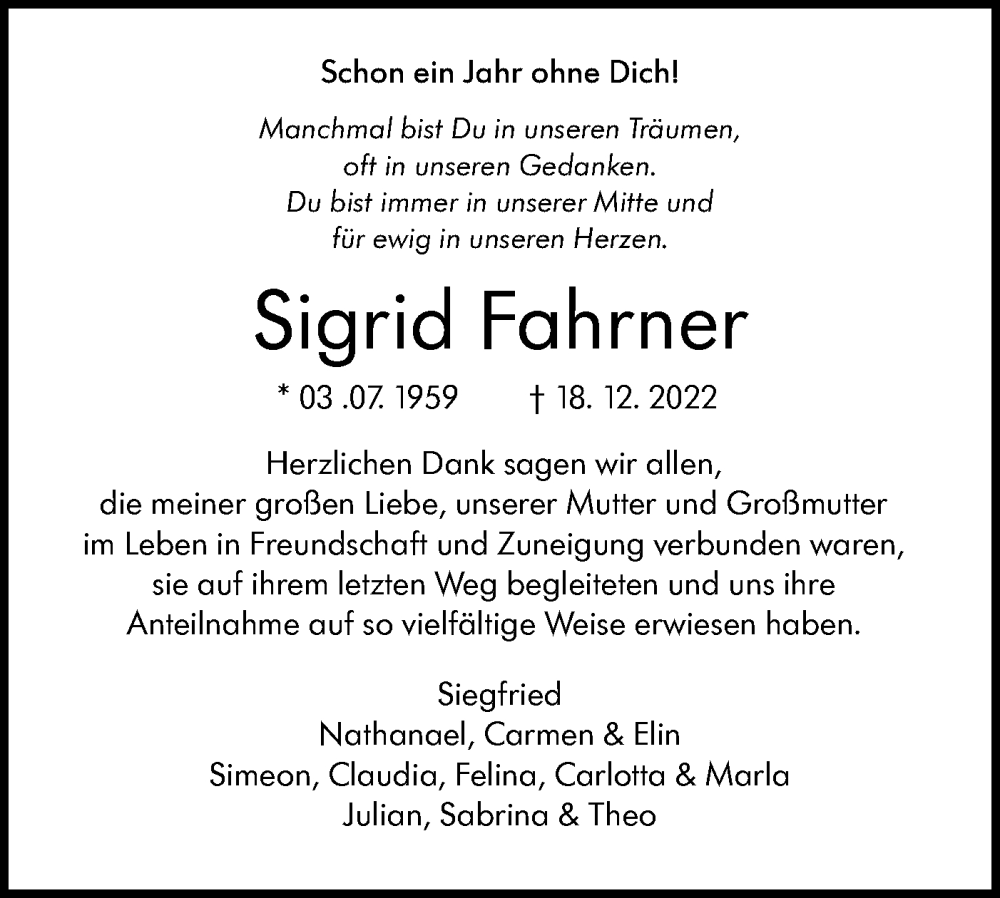  Traueranzeige für Sigrid Fahrner vom 18.12.2023 aus SÜDWEST PRESSE Ausgabe Ulm/Neu-Ulm