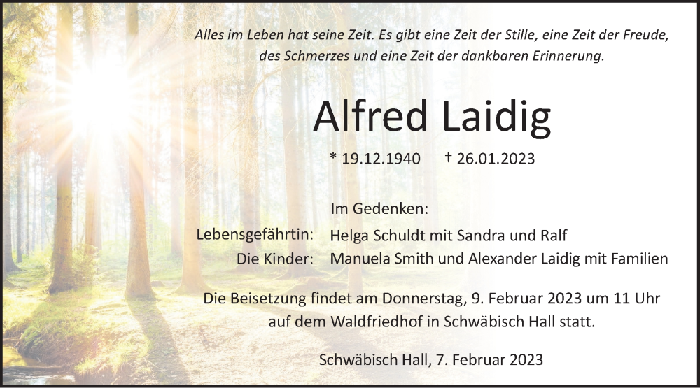  Traueranzeige für Alfred Laidig vom 07.02.2023 aus Haller Tagblatt