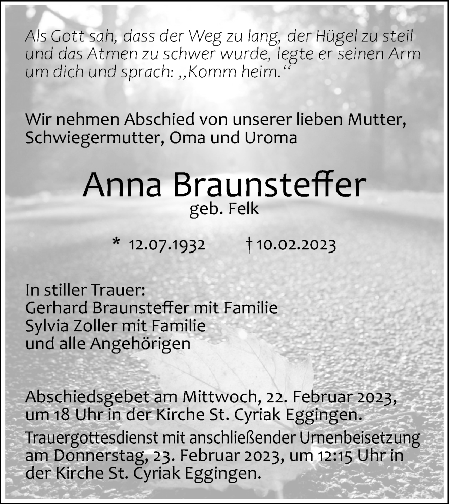 Traueranzeige für Anna Braunsteffer vom 18.02.2023 aus SÜDWEST PRESSE Ausgabe Ulm/Neu-Ulm