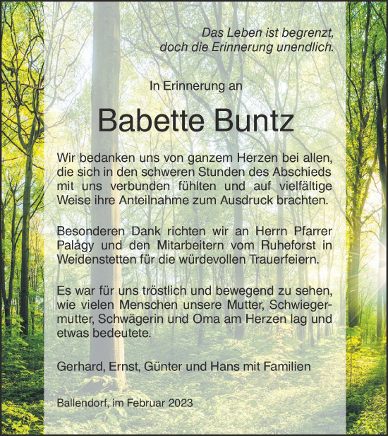 Traueranzeige von Babette Buntz von SÜDWEST PRESSE Ausgabe Ulm/Neu-Ulm