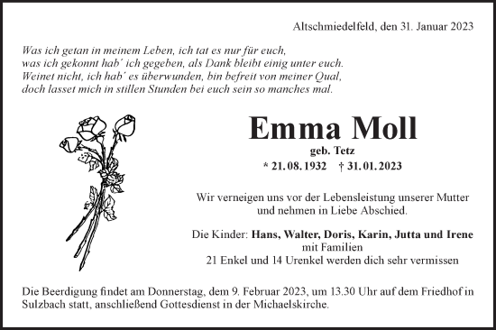 Traueranzeige von Emma Moll von Rundschau Gaildorf