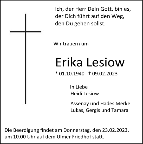 Traueranzeige von Erika Lesiow von SÜDWEST PRESSE Ausgabe Ulm/Neu-Ulm