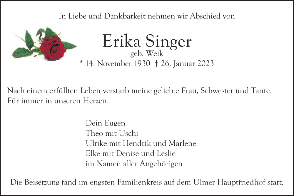  Traueranzeige für Erika Singer vom 11.02.2023 aus SÜDWEST PRESSE Ausgabe Ulm/Neu-Ulm