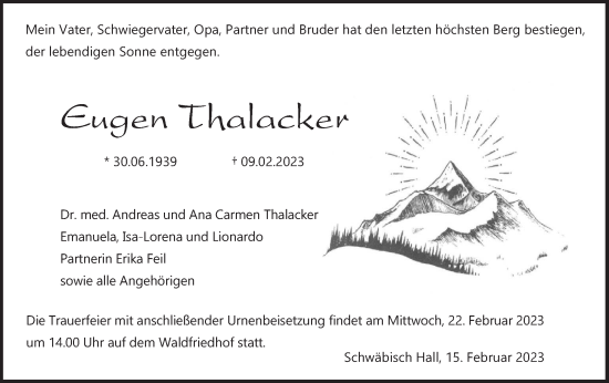 Traueranzeige von Eugen Thalacker von Haller Tagblatt