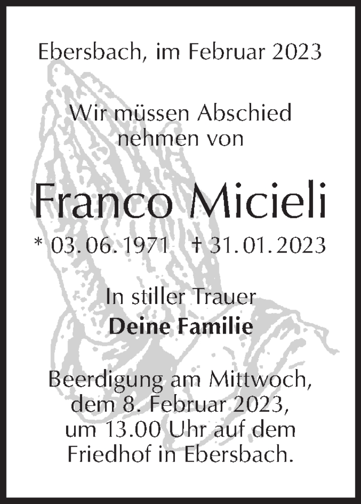  Traueranzeige für Franco Micieli vom 03.02.2023 aus NWZ Neue Württembergische Zeitung