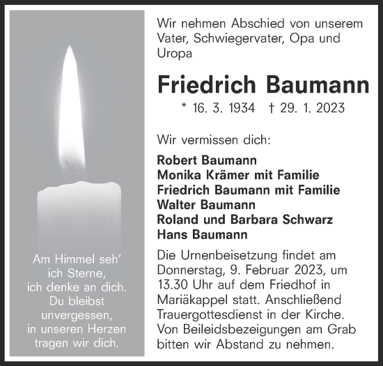 Traueranzeige von Friedrich Baumann von Hohenloher Tagblatt