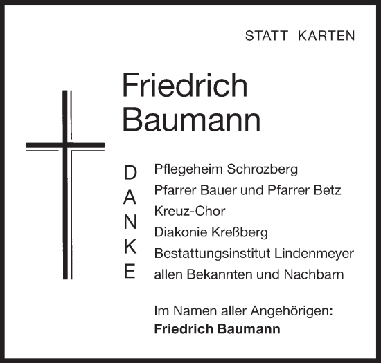 Traueranzeige von Friedrich Baumann von Hohenloher Tagblatt