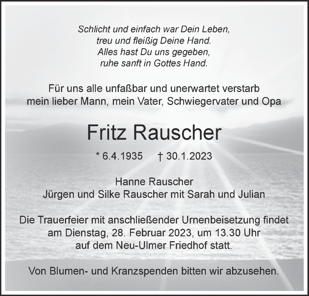 Traueranzeige für Fritz Rauscher vom 25.02.2023 aus SÜDWEST PRESSE Ausgabe Ulm/Neu-Ulm