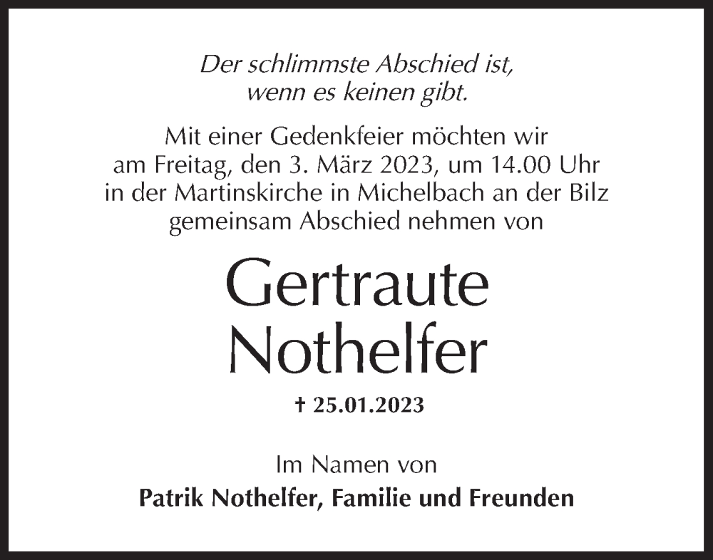  Traueranzeige für Gertraute Nothelfer vom 25.02.2023 aus Haller Tagblatt