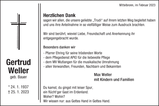 Traueranzeige von Gertrud Weller von Rundschau Gaildorf