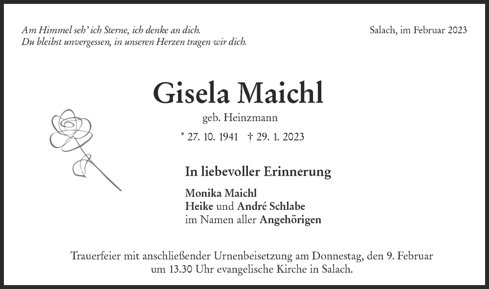  Traueranzeige für Gisela Maichl vom 04.02.2023 aus NWZ Neue Württembergische Zeitung