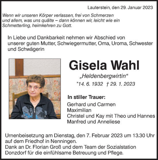 Traueranzeige von Gisela Wahl von NWZ Neue Württembergische Zeitung