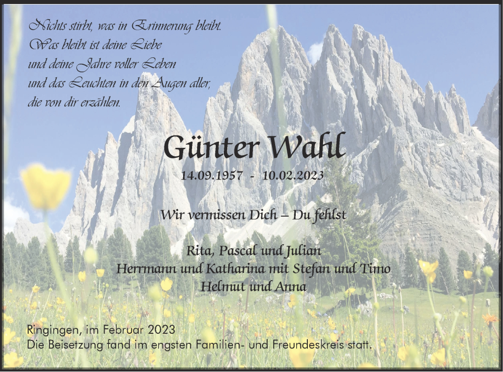  Traueranzeige für Günter Wahl vom 25.02.2023 aus Metzinger-Uracher Volksblatt