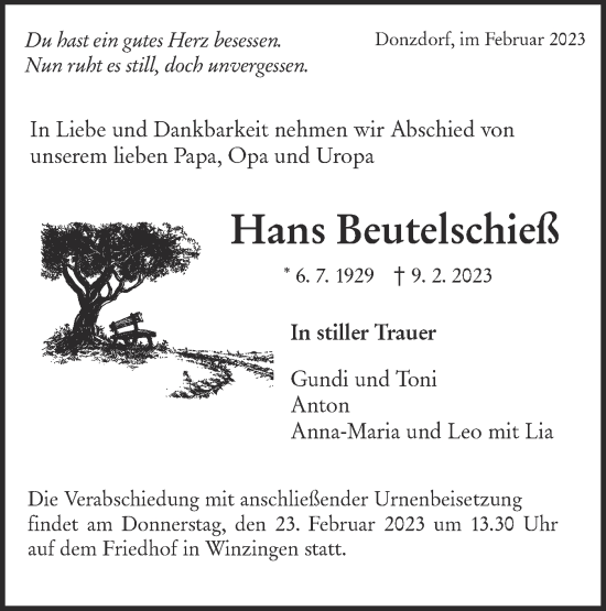 Traueranzeige von Hans Beutelschieß von NWZ Neue Württembergische Zeitung
