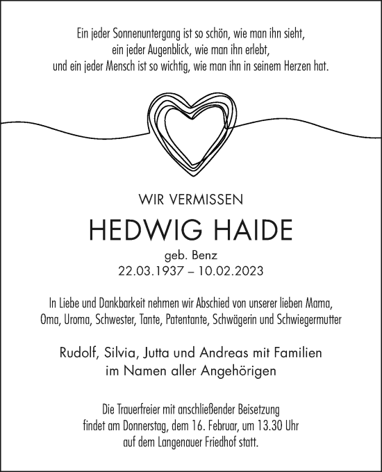 Traueranzeige von Hedwig Haide von SÜDWEST PRESSE Ausgabe Ulm/Neu-Ulm