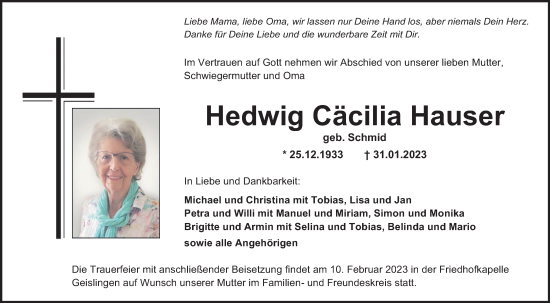 Traueranzeige von Hedwig Cäcilia Hauser von Metzinger-Uracher Volksblatt