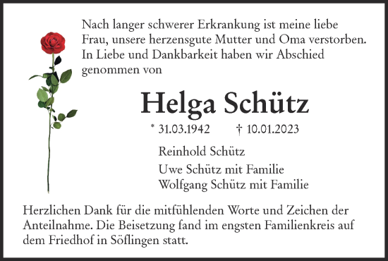 Traueranzeige von Helga Schütz von SÜDWEST PRESSE Ausgabe Ulm/Neu-Ulm