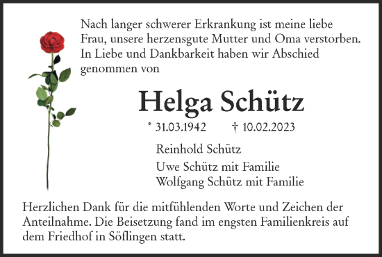 Traueranzeige von Helga Schütz von SÜDWEST PRESSE Ausgabe Ulm/Neu-Ulm
