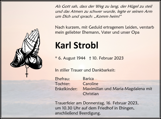 Traueranzeige von Karl Strobl von Ehinger Tagblatt