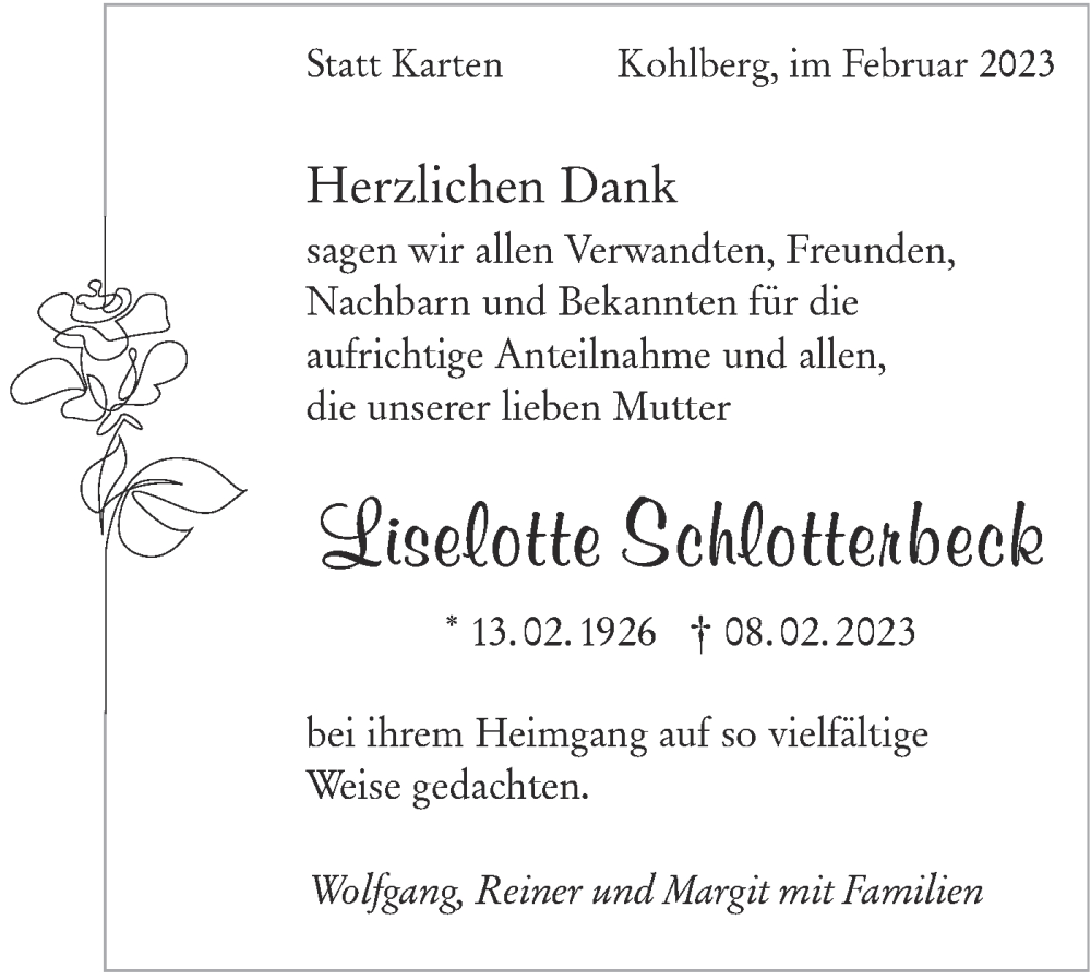  Traueranzeige für Liselotte Schlotterbeck vom 01.03.2023 aus Metzinger-Uracher Volksblatt