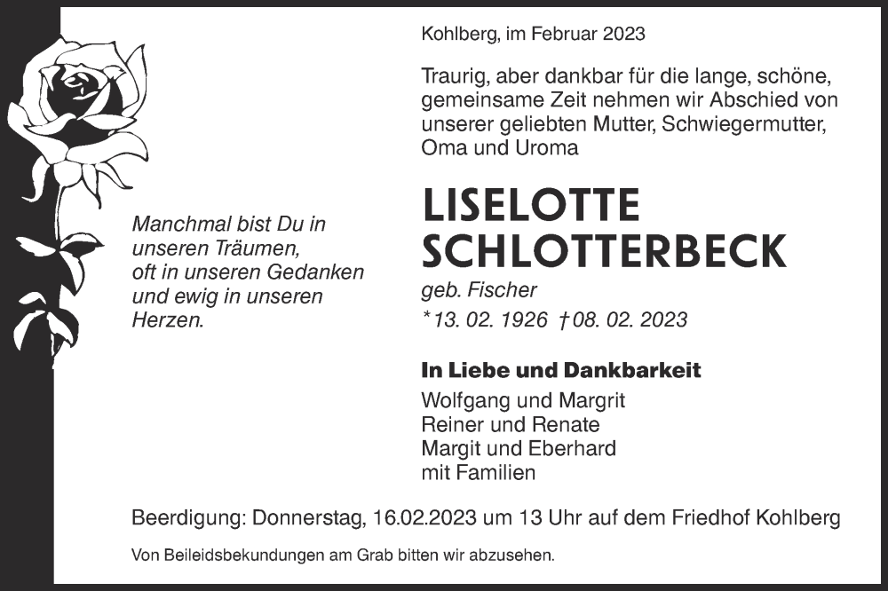  Traueranzeige für Liselotte Schlotterbeck vom 14.02.2023 aus Metzinger-Uracher Volksblatt