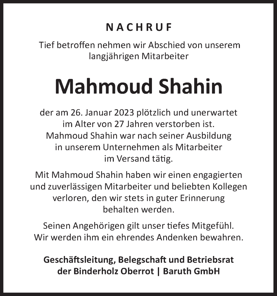  Traueranzeige für Mahmoud Shahin vom 04.02.2023 aus Rundschau Gaildorf
