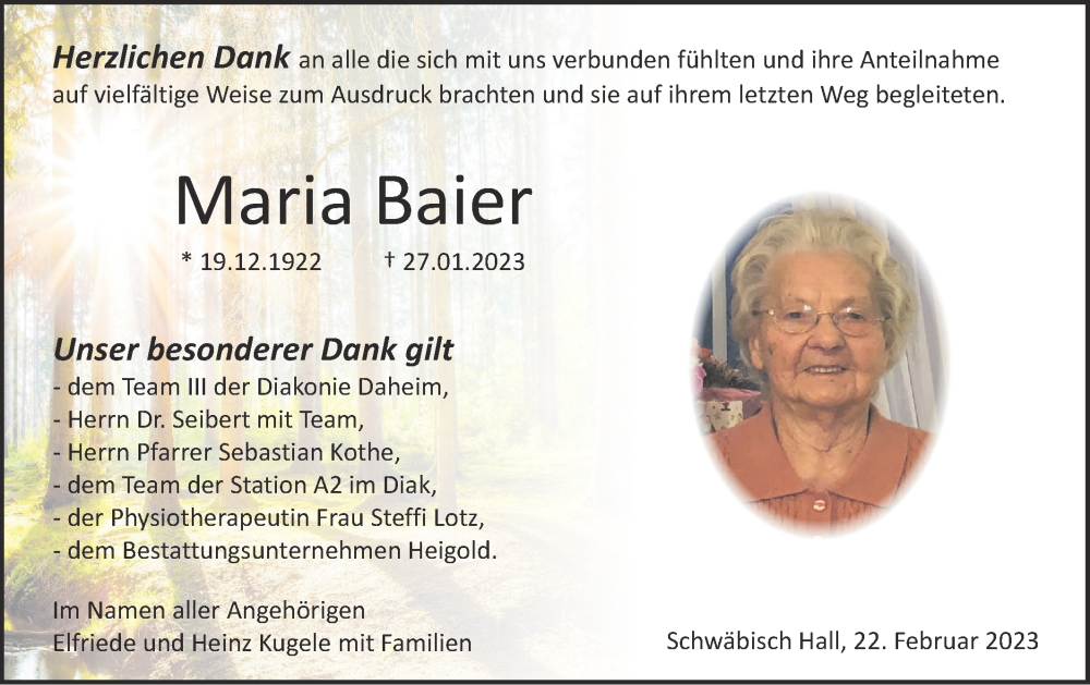  Traueranzeige für Maria Baier vom 22.02.2023 aus Haller Tagblatt