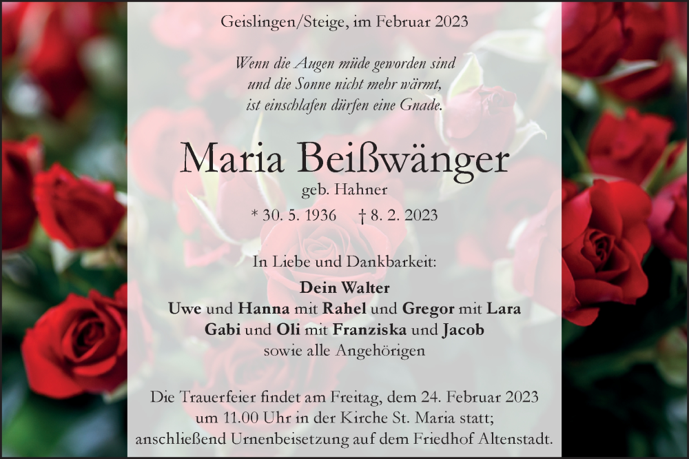  Traueranzeige für Maria Beißwänger vom 18.02.2023 aus Geislinger Zeitung