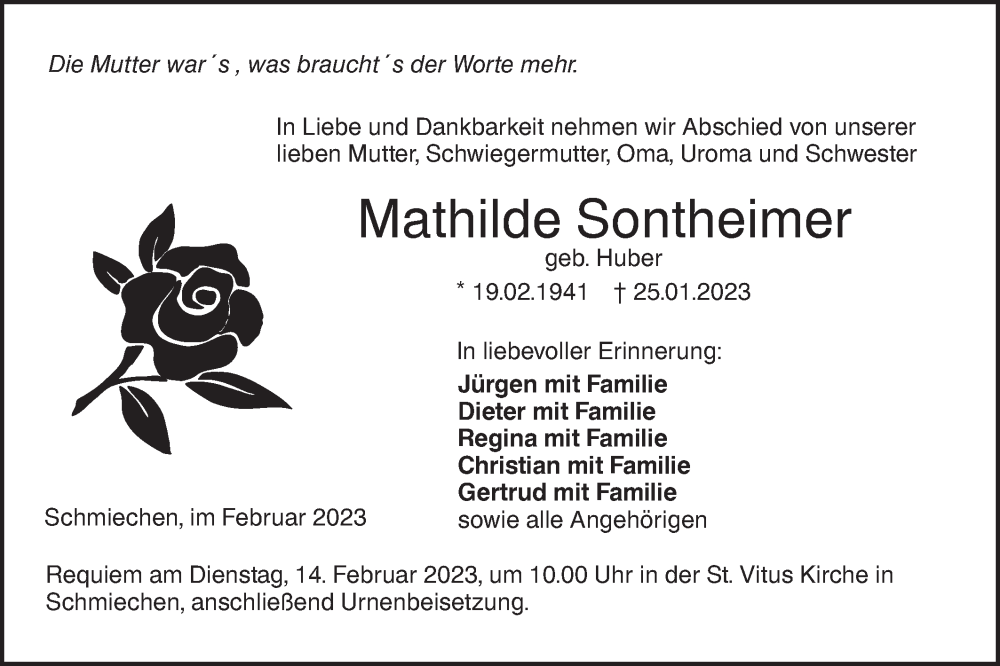  Traueranzeige für Mathilde Sontheimer vom 10.02.2023 aus Ehinger Tagblatt
