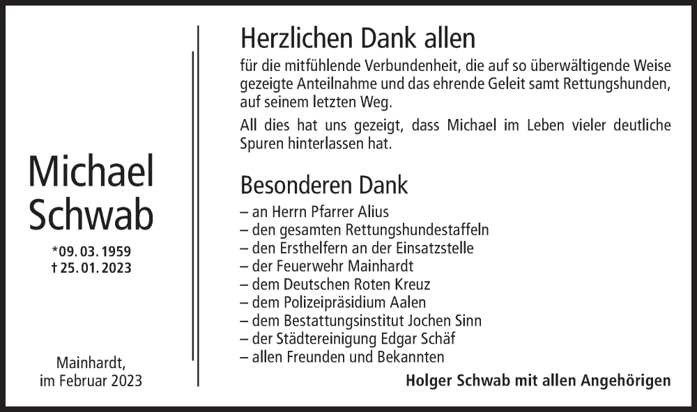  Traueranzeige für Michael Schwab vom 21.02.2023 aus Haller Tagblatt