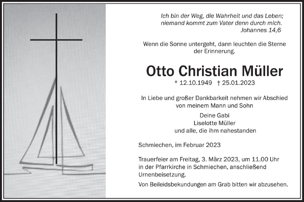  Traueranzeige für Otto Christian Müller vom 25.02.2023 aus Ehinger Tagblatt