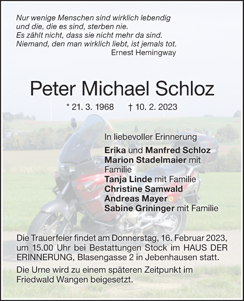  Traueranzeige für Peter Michael Schloz vom 14.02.2023 aus NWZ Neue Württembergische Zeitung