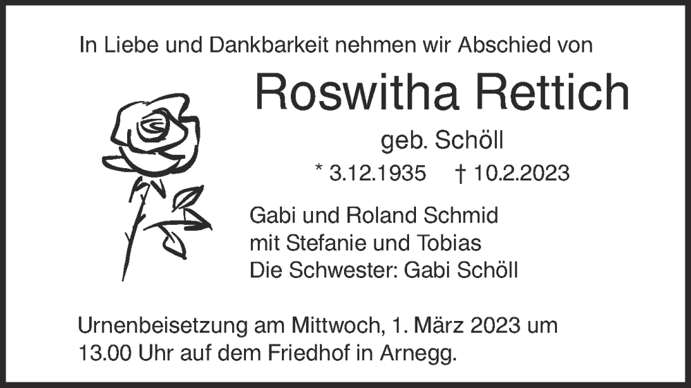  Traueranzeige für Roswitha Rettich vom 25.02.2023 aus SÜDWEST PRESSE Ausgabe Ulm/Neu-Ulm