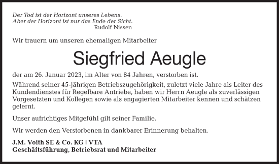Traueranzeige von Siegfried Aeugle von Hohenloher Tagblatt