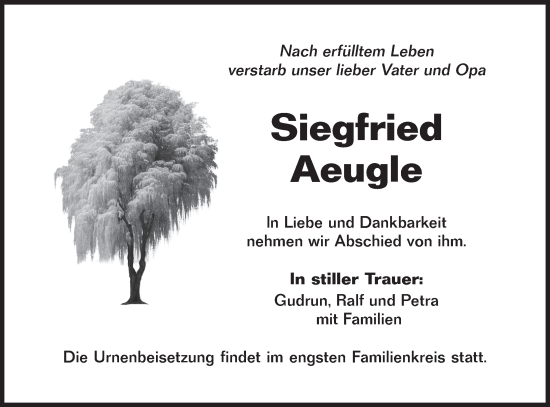 Traueranzeige von Siegfried Aeugle von Hohenloher Tagblatt