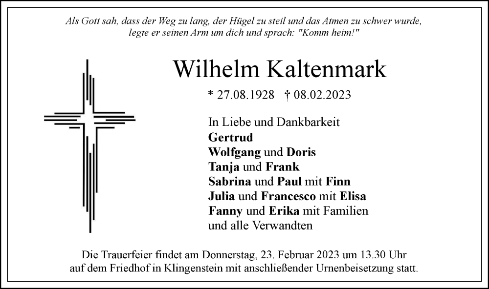  Traueranzeige für Wilhelm Kaltenmark vom 18.02.2023 aus SÜDWEST PRESSE Ausgabe Ulm/Neu-Ulm