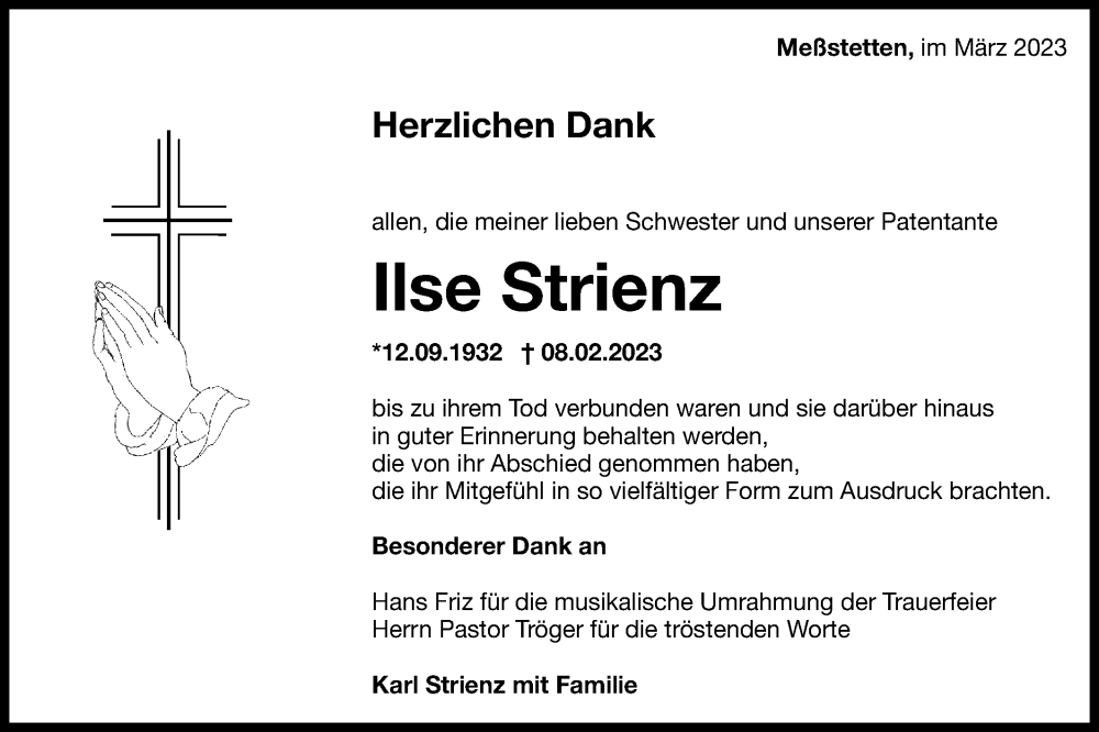  Traueranzeige für Ilse Strienz vom 03.03.2023 aus Metzinger-Uracher Volksblatt