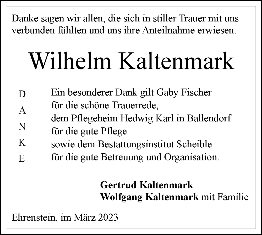  Traueranzeige für Wilhelm Kaltenmark vom 11.03.2023 aus SÜDWEST PRESSE Ausgabe Ulm/Neu-Ulm