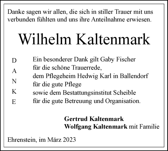 Traueranzeige von Wilhelm Kaltenmark von SÜDWEST PRESSE Ausgabe Ulm/Neu-Ulm