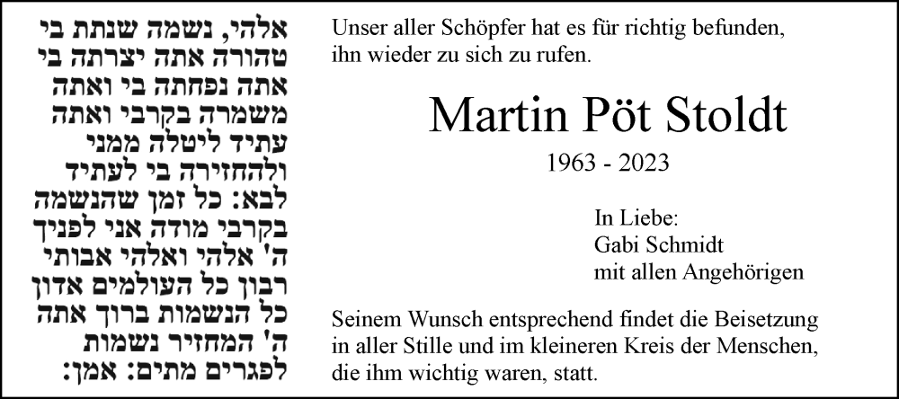  Traueranzeige für Martin Pöt Stoldt vom 22.07.2023 aus Alb-Bote/Metzinger-Uracher Volksblatt